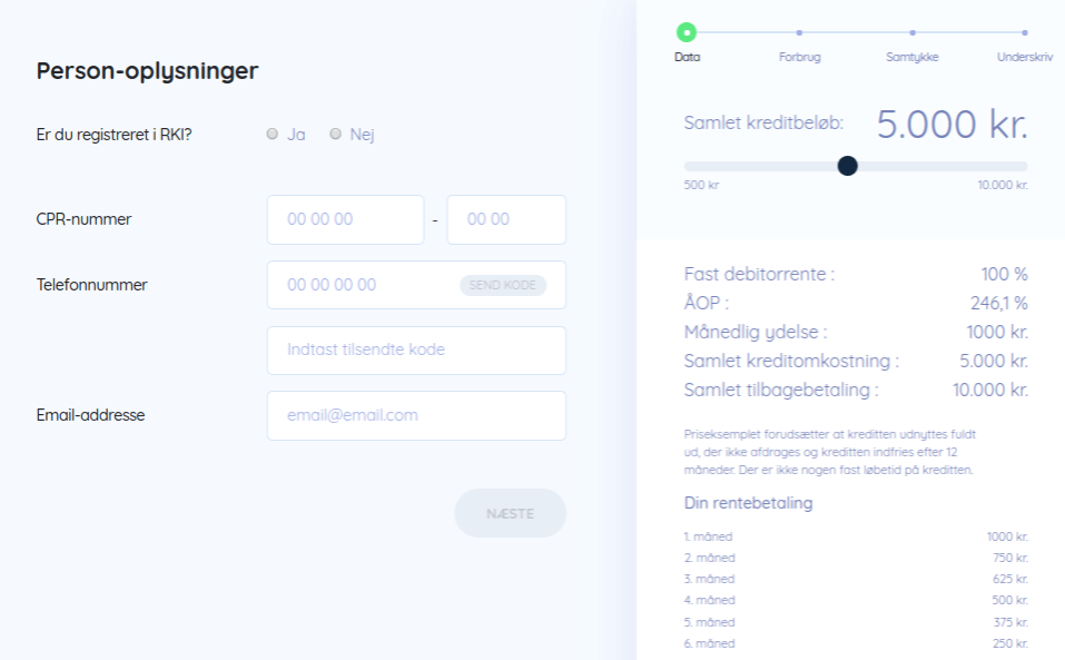 Man skal her indtaste personoplysninger i ansøgningen til Bedre Kredit.