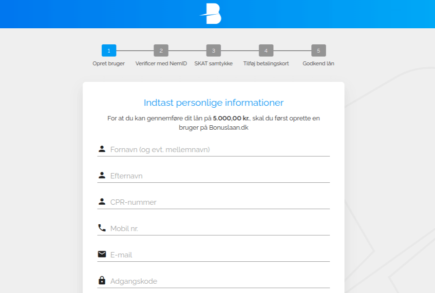 Anmeldelse af Bonuslån | Man skal indtaste personlige oplysninger som et led i brugeroprettelsen.