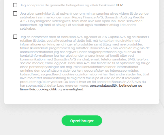Anmeldelse af Bonuslån | Man skal her acceptere, give samtykke og klikke på Opret bruger.