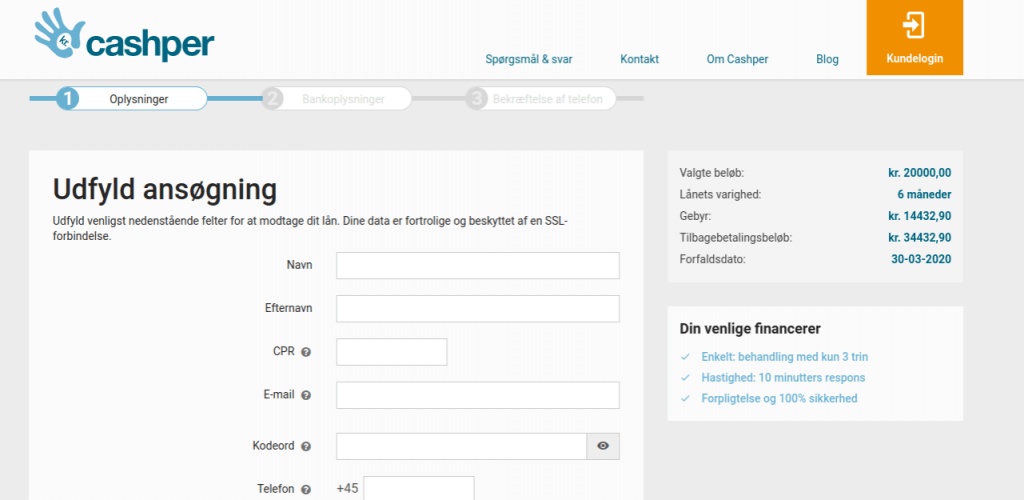 Anmeldelse af Cashper | Man skal her i gang med at udfylde ansøgningen.