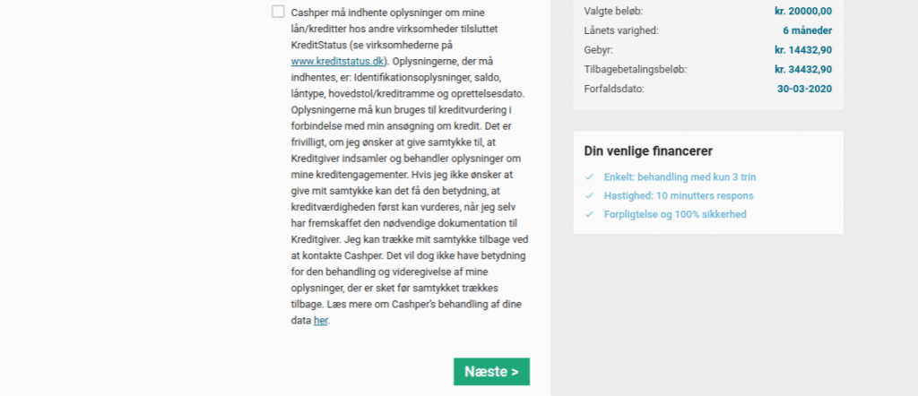 Anmeldelse af Cashper | Man skal her give tilladelse til indhentning af oplysninger hos KreditStatus.
