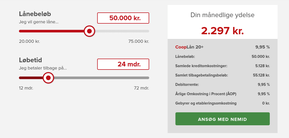 Anmeldelse af Coop Bank | Her vælger man lånebeløb og løbetid.