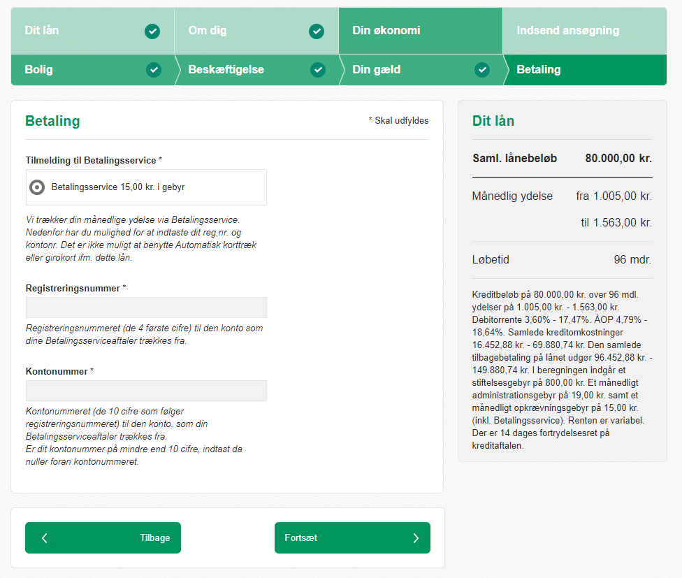 Man skal her tilmelde sig til betalingsservice og indtaste sit kontonummer.