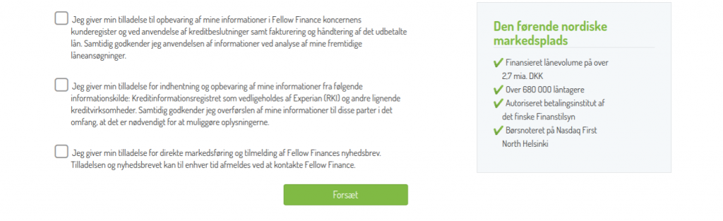 Anmeldelse af Fellow Finance | Her skal man give tilladelse til opbevaring af informationer.