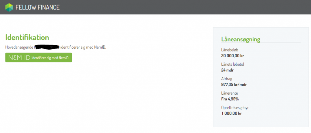 Anmeldelse af Fellow Finance | Her skal man logge ind med NemID for at verificere ansøgningen.