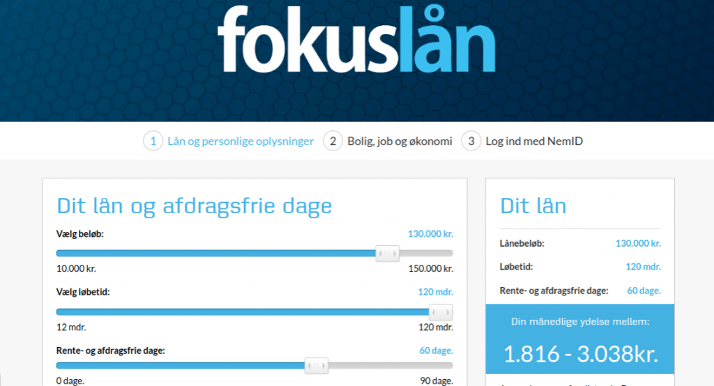 Anmeldelse af Fokuslån | Man skal vælge antallet af rente- og afdragsfrie dage.