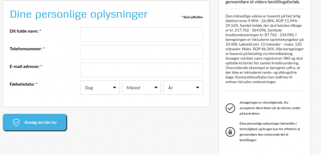 Anmeldelse af Fokuslån | Man skal indtaste personlige oplysninger - og derefter klikke på Ansøg om lån nu.