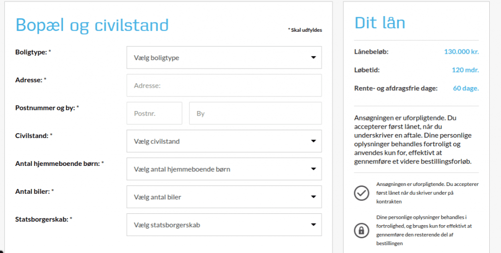 Anmeldelse af Fokuslån | Man skal skrive oplysninger om bopæl og civilstand.