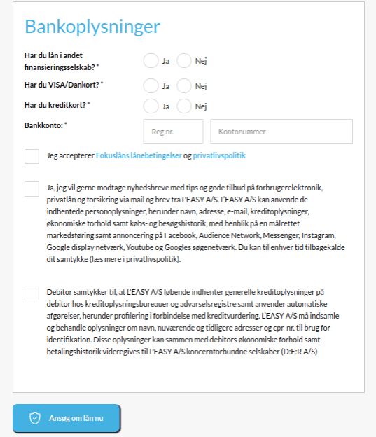 Anmeldelse af Fokuslån | Man skal her indtaste bankoplysninger og klikke på knappen for at ansøge om lånet.