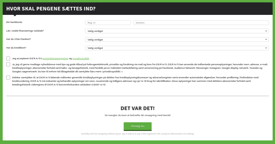 Anmeldelse af Føniks Privatlån | Man skal oplyse, hvor pengene skal sættes ind samt give samtykke.