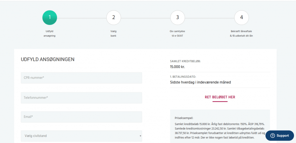 Anmeldelse af Kassekreditten.dk | Man skal her i gang med at udfylde ansøgningen.