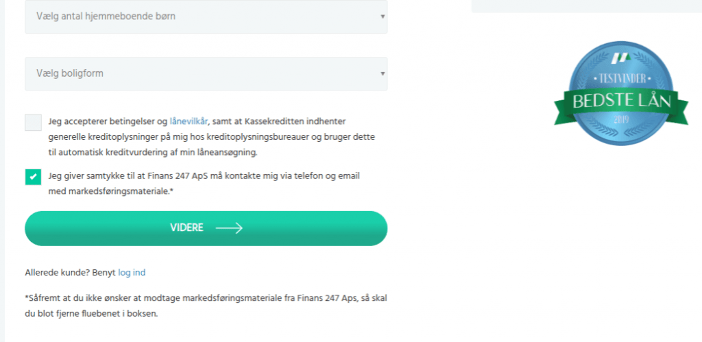 Anmeldelse af Kassekreditten.dk | Man skal her vælge hjemmeboende børn og boligform samt give samtykke til Finans 247.