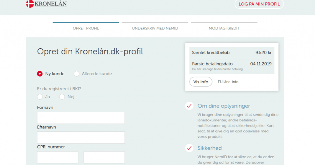 Anmeldelse af Kronelån | Man skal her oprette en profil hos Kronelån.