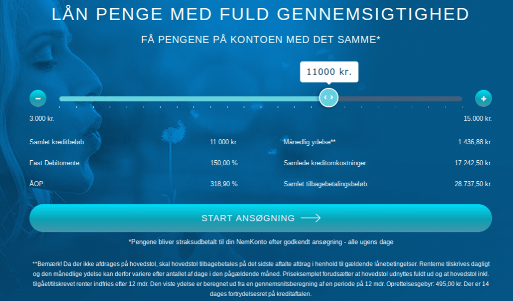 Anmeldelse af Kvikto | Man skal her vælge kreditbeløbet.