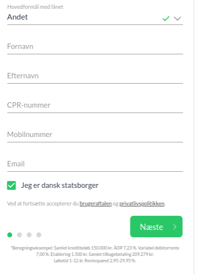 Anmeldelse af Lendo | Man skal her indtaste personlige oplysninger.