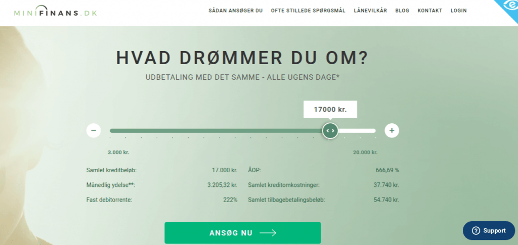 Anmeldelse af MiniFinans | Man skal vælge det foretrukne lånebeløb.