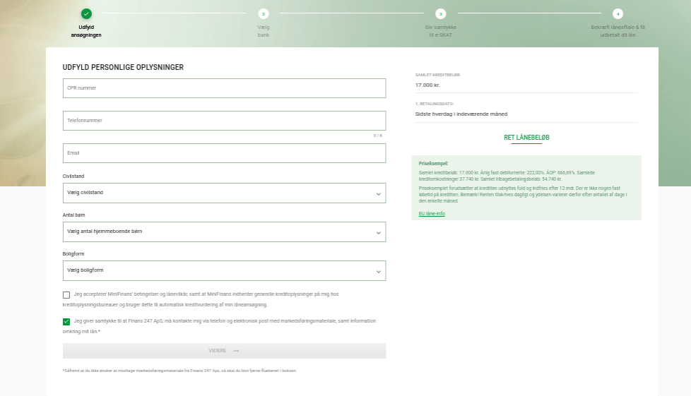 Anmeldelse af MiniFinans | Man skal udfylde personlige oplysninger for at søge om et lån hos MiniFinans.