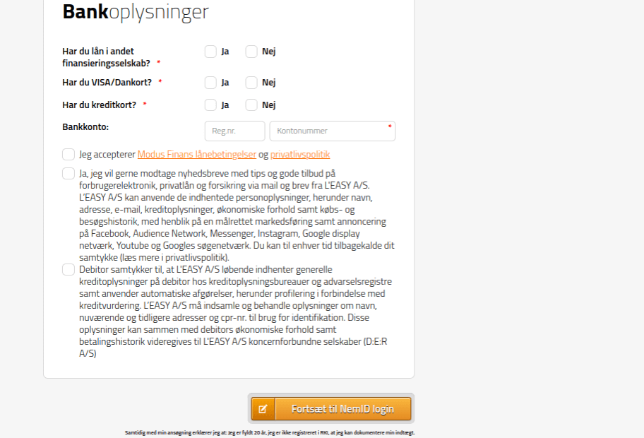 Anmeldelse af Modus Finans | Man skal angive bankoplysninger og acceptere lånebetingelser og privatlivspoltikken.