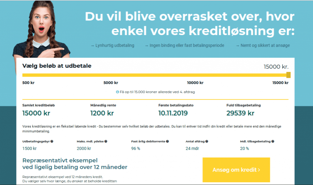 Anmeldelse af NordCredit | Man skal vælge kredittens størrelse og får her relevante oplysninger.