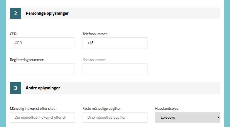 Anmeldelse af NordCredit | Man skal her indtaste personlige oplysninger samt andre oplysninger.