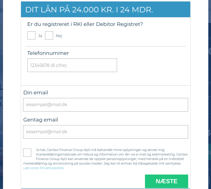 Anmeldelse af Nordisk Lån | Her oplyser man e-mail og giver samtykke.