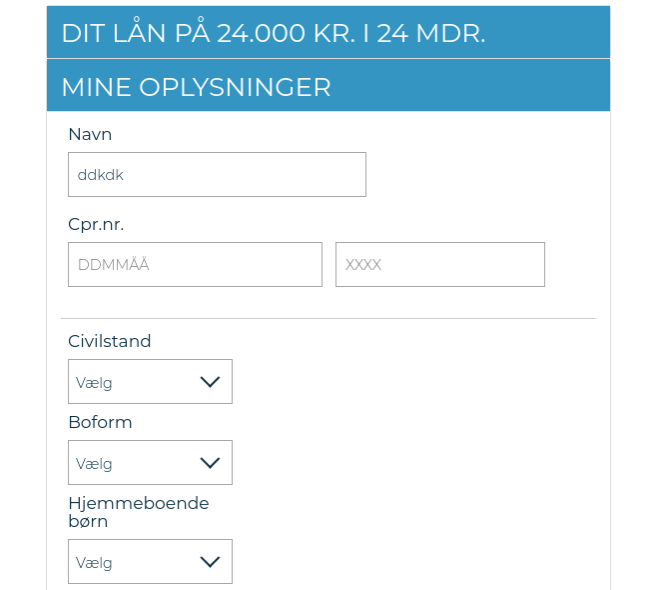 Anmeldelse af Nordisk Lån | Her skal man i gang med at indtaste personlige oplysninger.