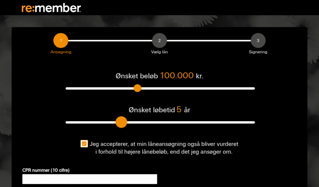Anmeldelse af re:member |  Her får man overblik over lånet og skal indtaste sit CPR-nummer.