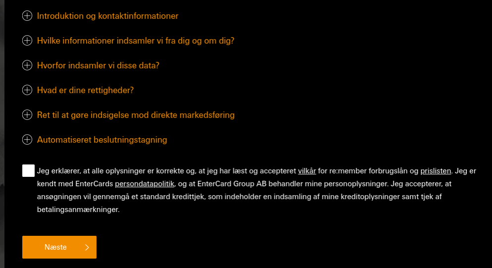 Anmeldelse af re:member | Her skal man erklære, at alle oplysninger er korrekte, og at man accepterer lånets vilkår.