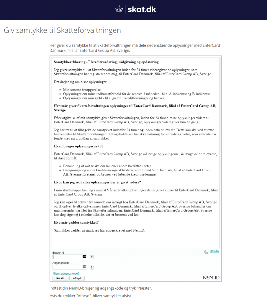 Anmeldelse af re:member | Her skal man logge ind med NemID for at give samtykke til Skatteforvaltningen.