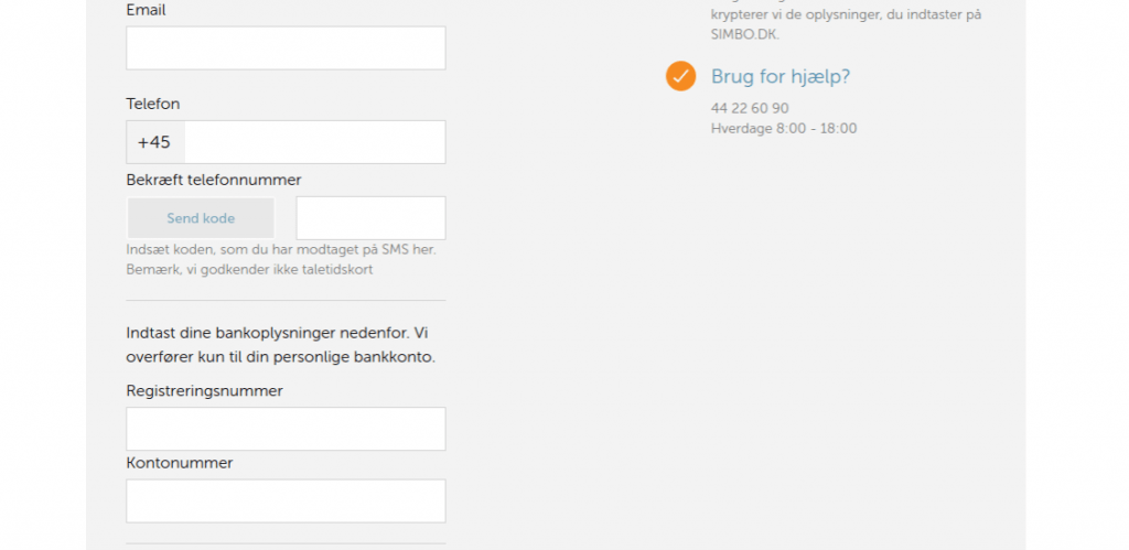 Anmeldelse af Simbo | Man skal her blandt andet indtaste registrering- og kontonummer.