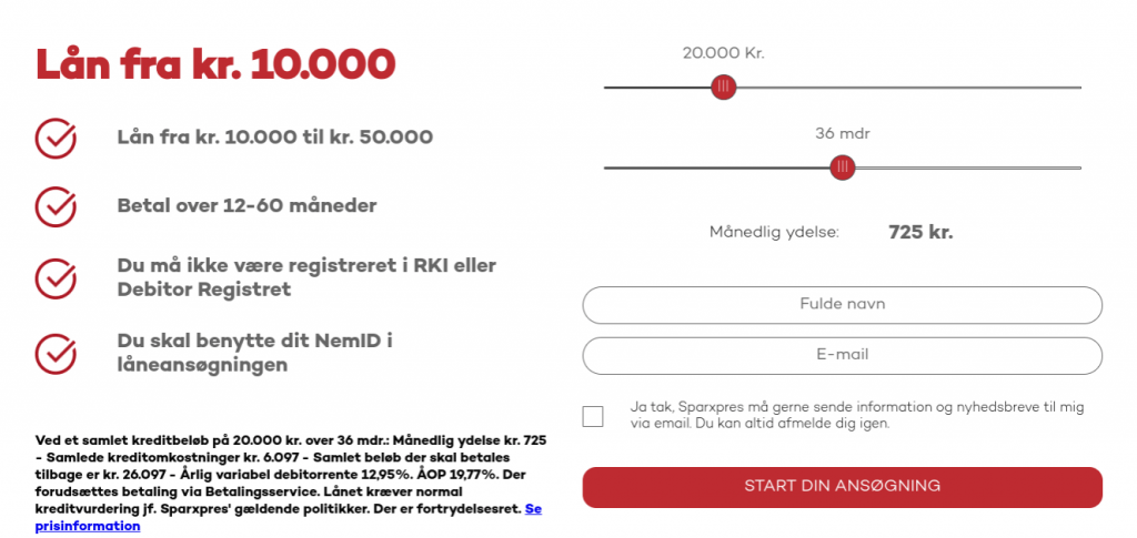 Anmeldelse af Sparxpres | Her vælger man lånebeløb og lånets løbetid.