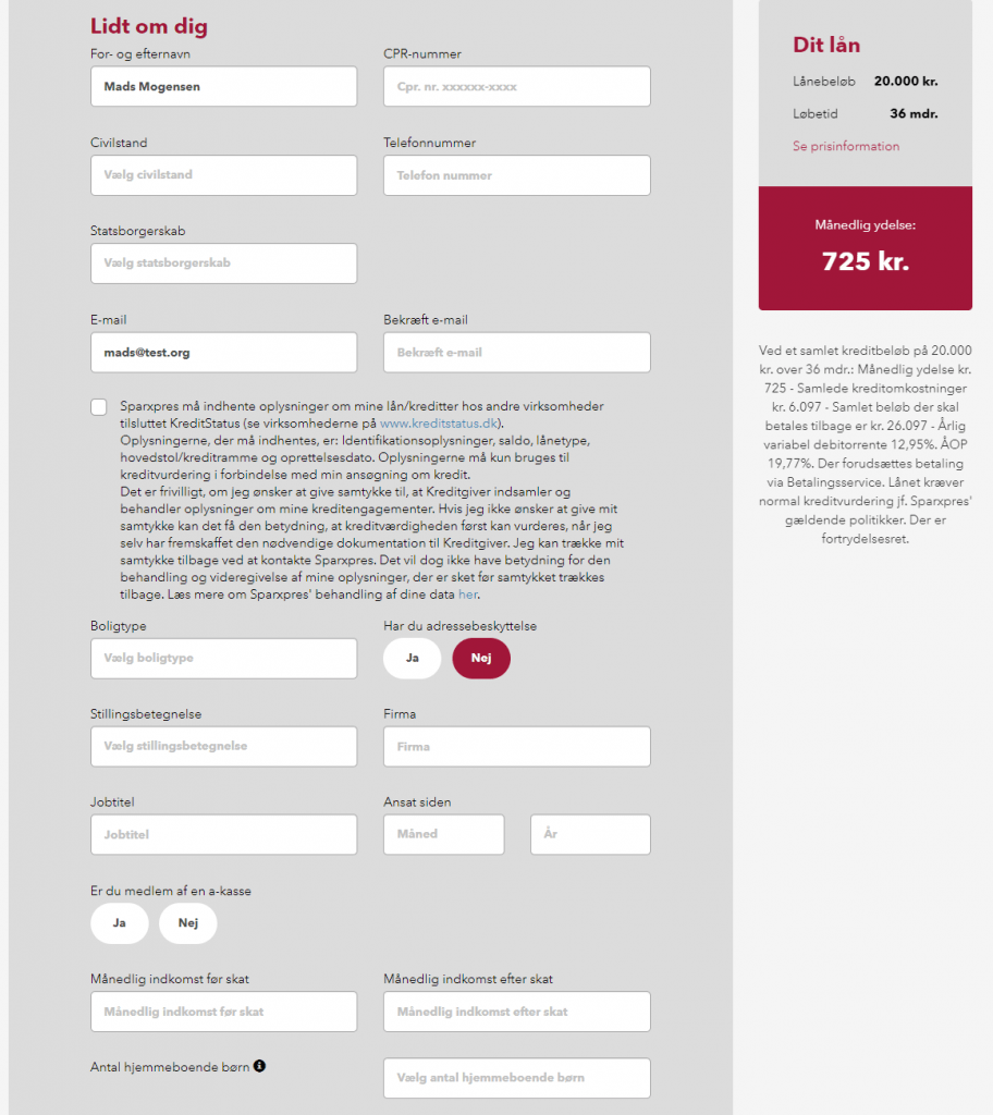 Anmeldelse af Sparxpres | Her skal man i gang med at udfylde personlige oplysninger.