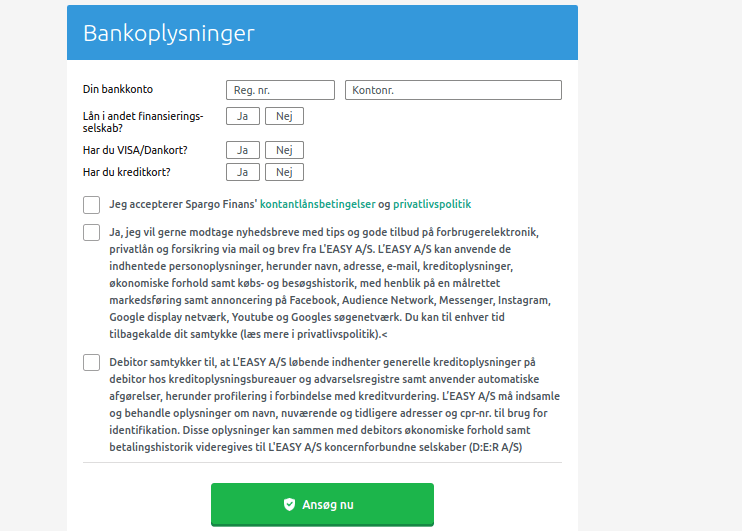 Anmeldelse af Spargo Finans | Man skal acceptere lånevilkår, give samtykke og indsende ansøgningen.