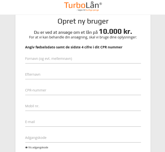 Anmeldelse af TurboLån | Man skal oprette en bruger for at søge om et lån hos TurboLån.