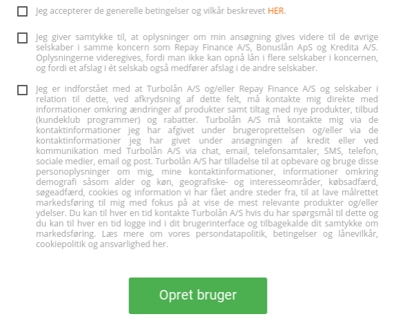 Anmeldelse af TurboLån | Man skal her acceptere, give samtykke og oprette brugeren.