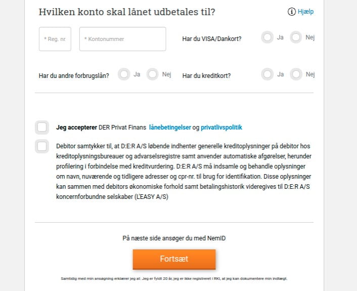 D|E|R Privat Finans ansøgningen kontooplysninger