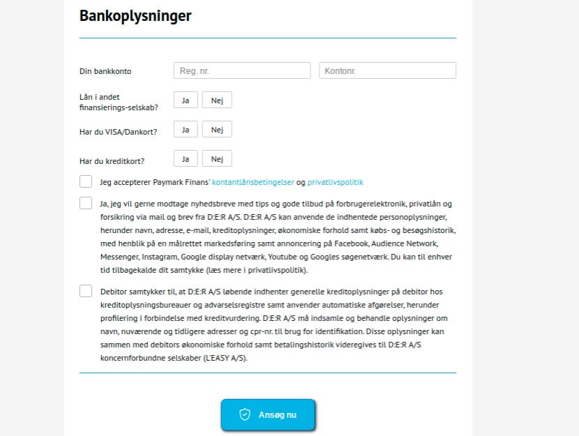 Paymark Finans bankoplysninger