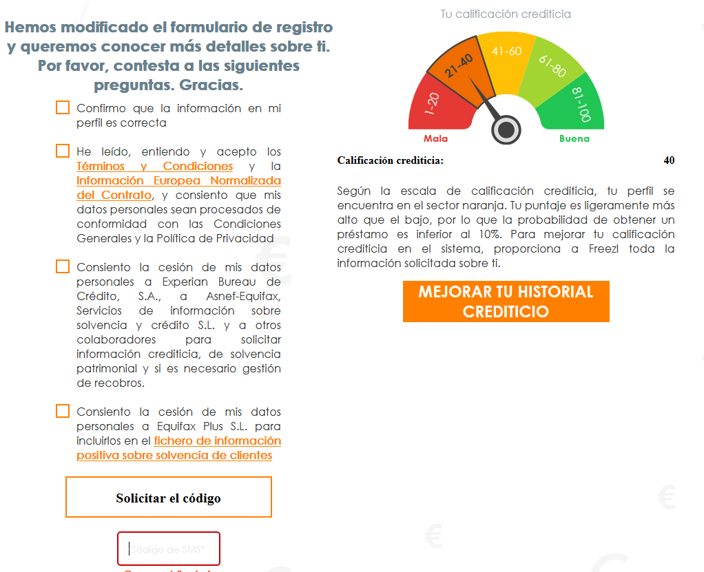 Formulario de registro de Freezl