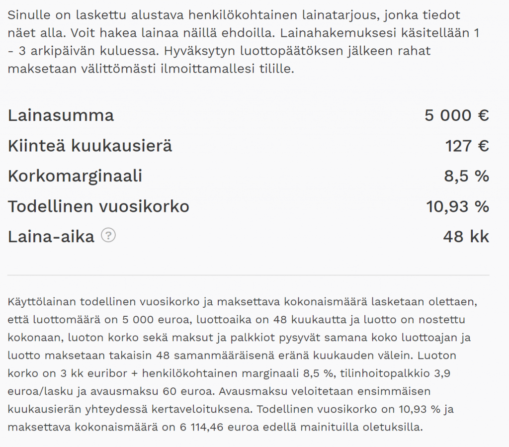 Aktian lainatarjouksen korko 5 000 euron lainalle on kilpailukykyinen.