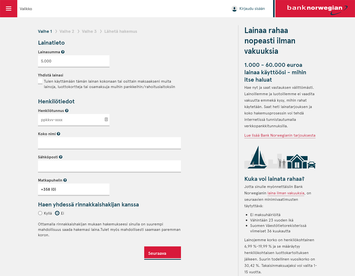 Bank Norwegianin kokemuksia lainan hakulomakeesta