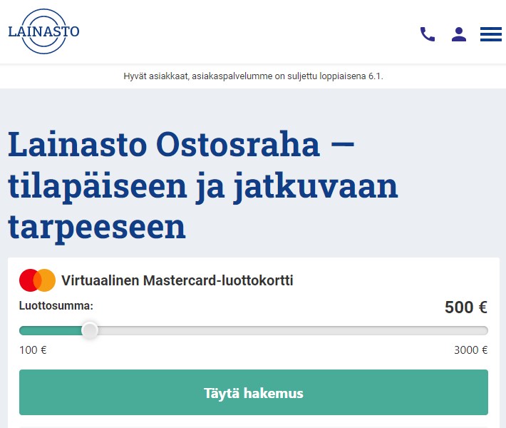 Lainaston verkkosivut, josta voi hakea lainaa.