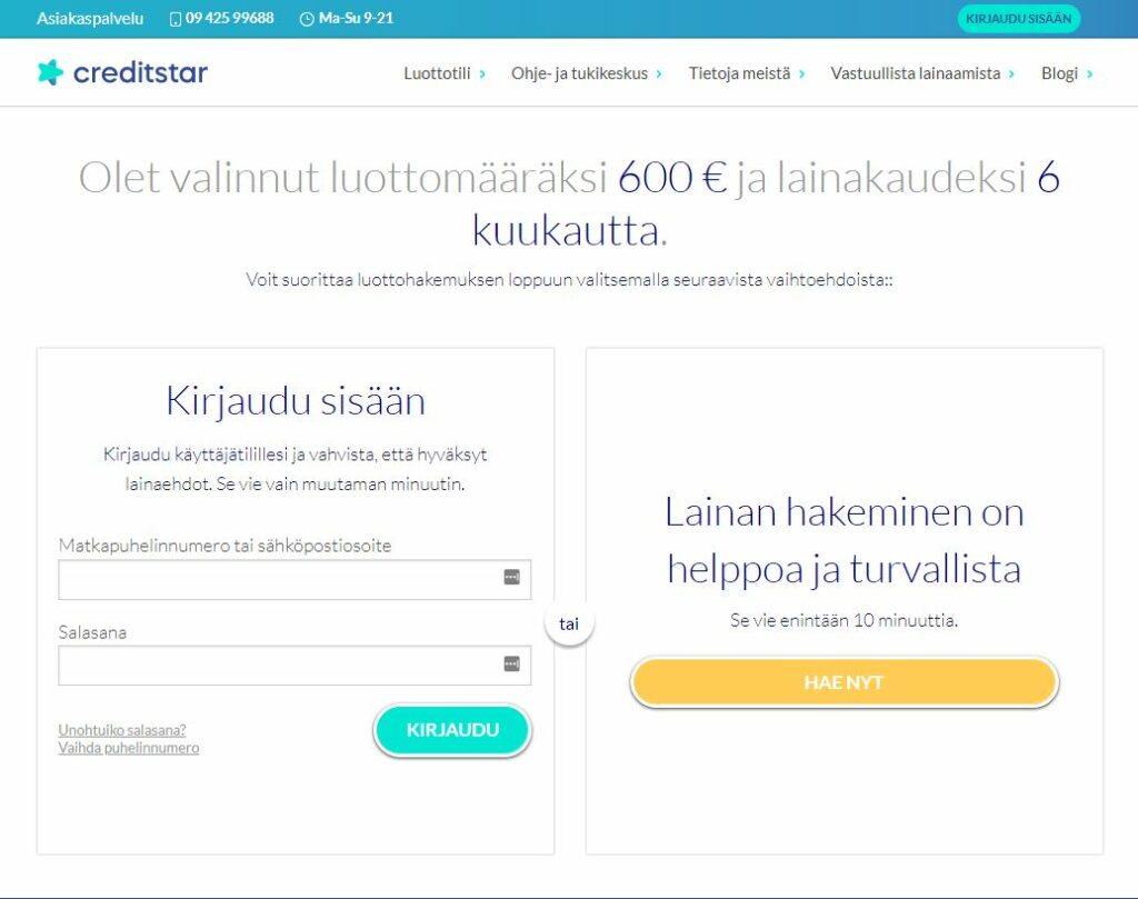 Lainan hakeminen Creditstarilta