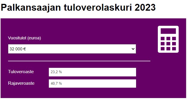 Tuloverolaskuri, jonka avulla voit laskea veroprosentin.