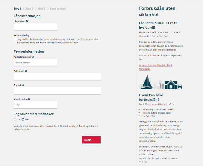 Anmeldelse av Bank Norwegian | Lånebeløp og personinformasjon