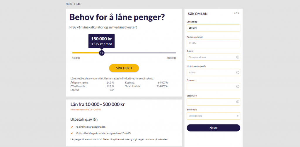 Anmeldelse av Komplett Bank | Lånesøknaden – oppgi lånebeløp og personinformasjon.
