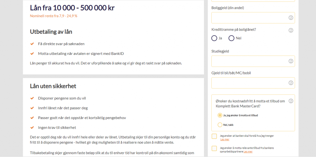 Anmeldelse av Komplett Bank | Oppgi gjeld og eventuelt svar ja, på om du ønsker kredittramme på lånet.