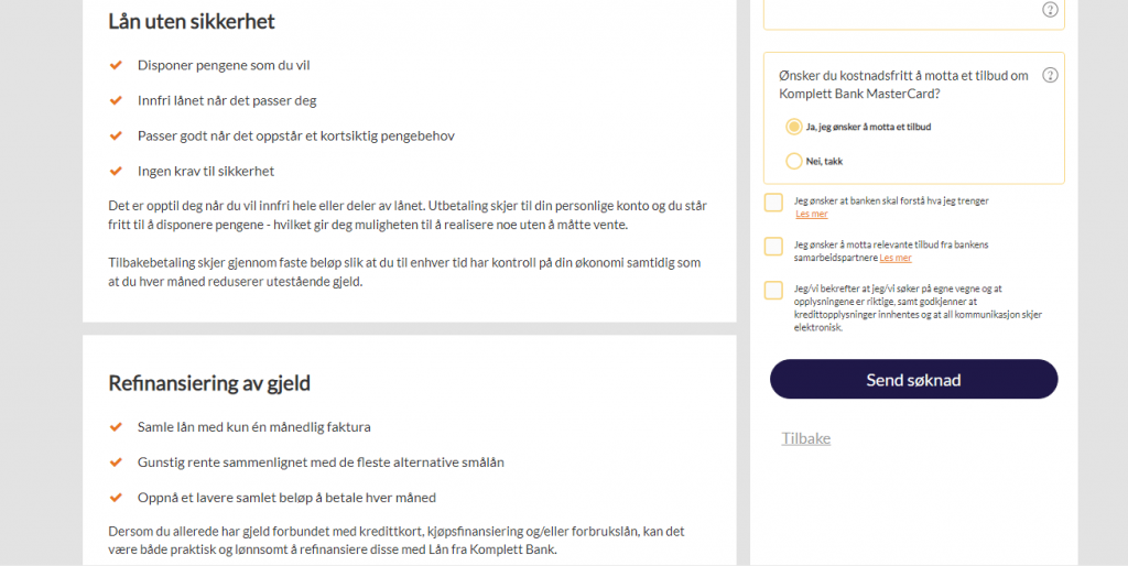 Anmeldelse av Komplett Bank | Svar om du ønsker å motta tilbud om MasterCard, og samtykk til at dine opplysninger er korrekte.