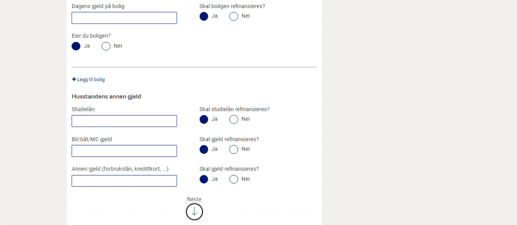 Her oppgir du økonomiske forhold, informasjon om din bolig og husstandens annen gjeld.