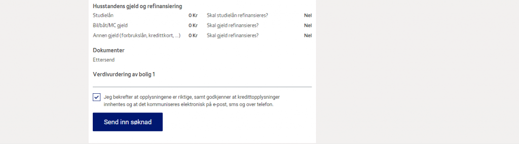 Her ser du en oppsummering av din lånesøknad før du trykker «Send inn søknad».