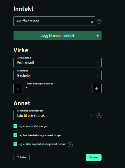 Anmeldelse av BRAbank | Her oppgir du informasjon om inntekt, arbeid og annet.